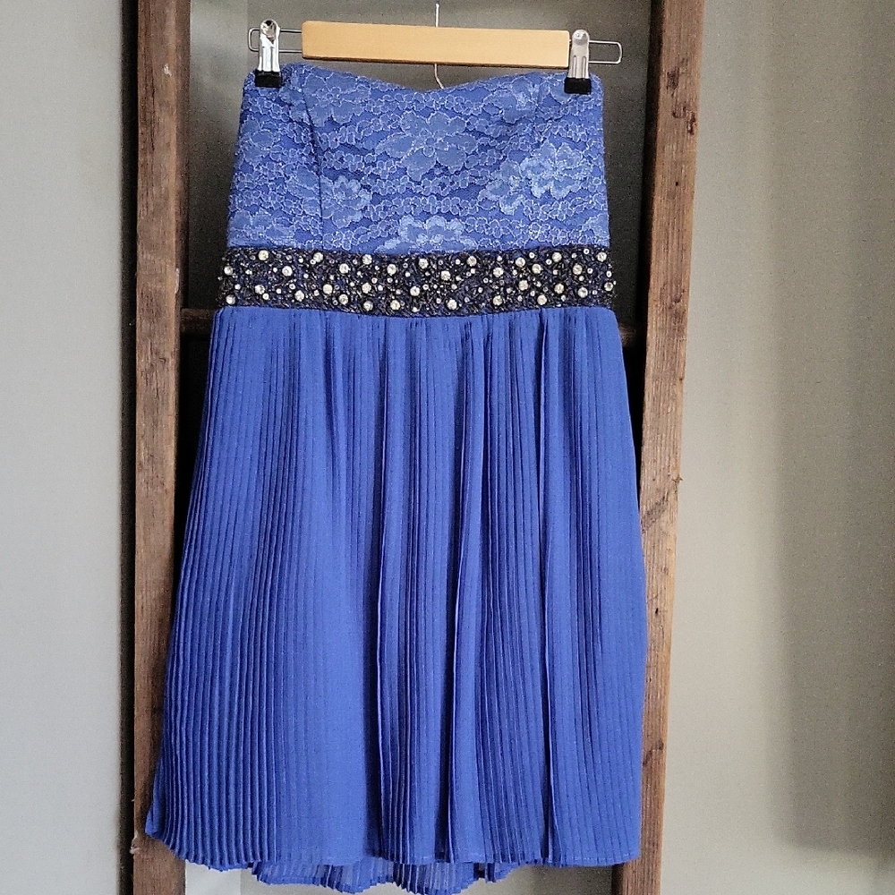 My Michelle Blue Lace and Pleated Dress